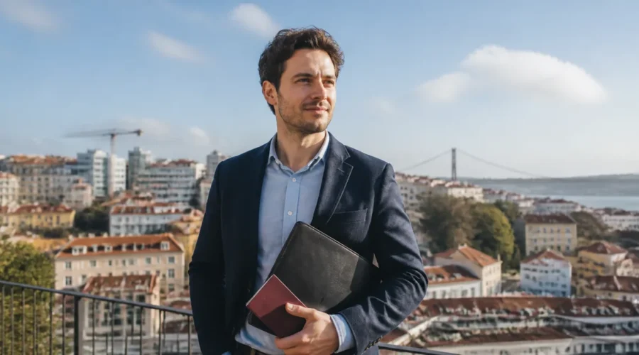 Profissional com passaporte italiano diante da paisagem de Lisboa