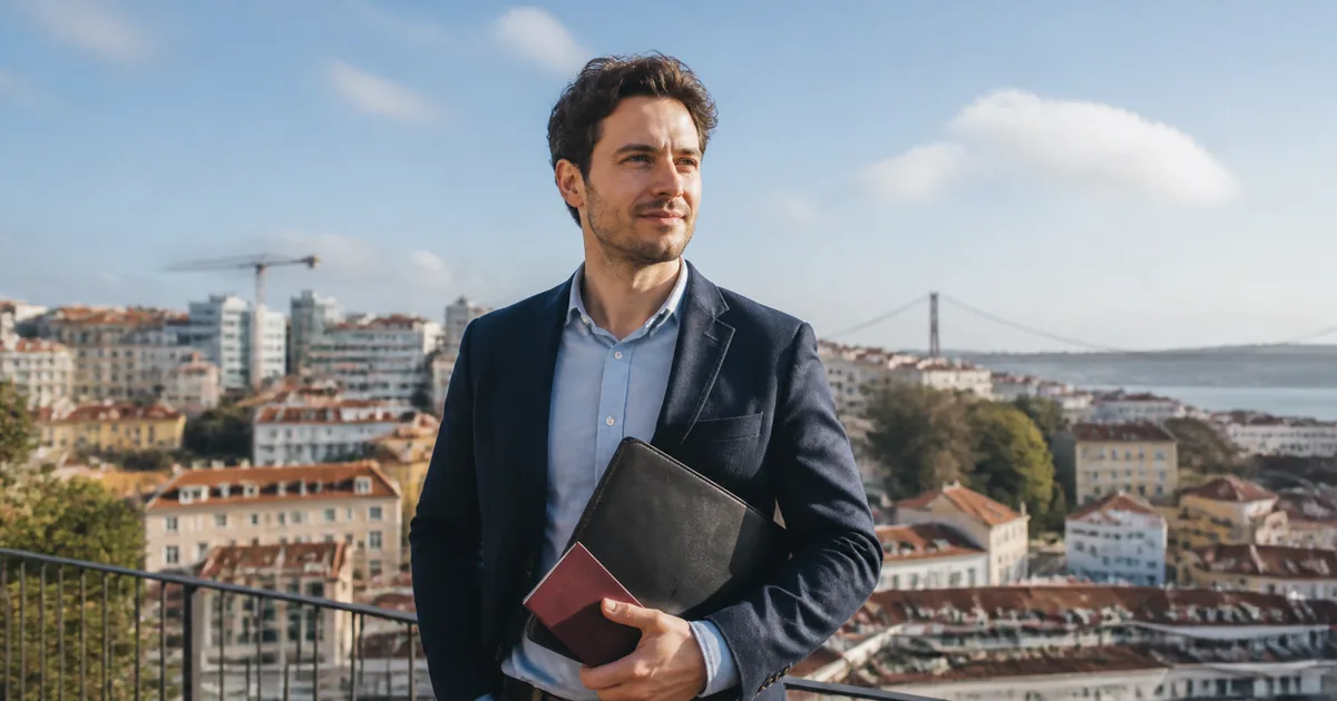 Profissional com passaporte italiano diante da paisagem de Lisboa