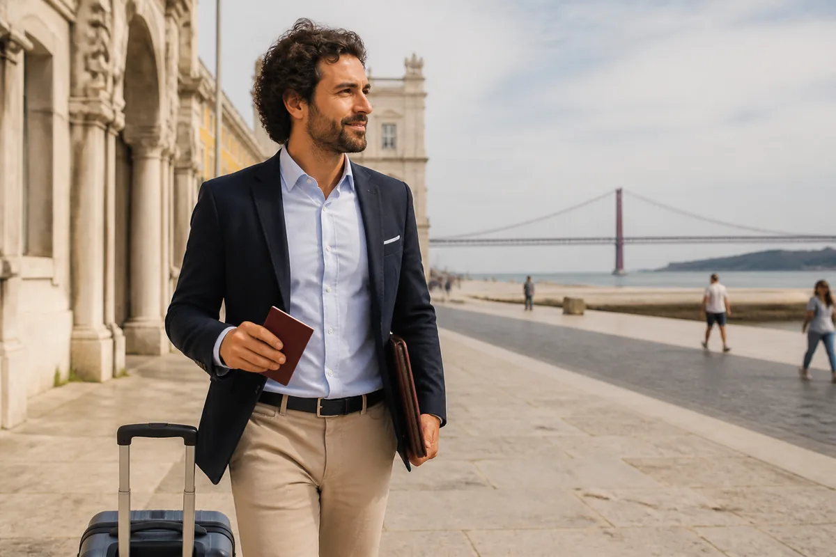 Profissional com passaporte italiano chegando a Lisboa para trabalhar