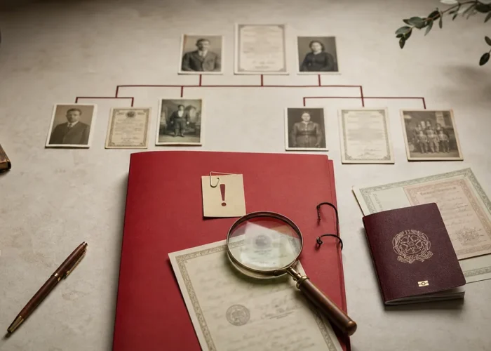 Árvore genealógica e documentos com alerta de inconsistência