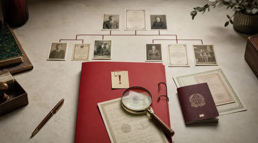 Árvore genealógica e documentos com alerta de inconsistência
