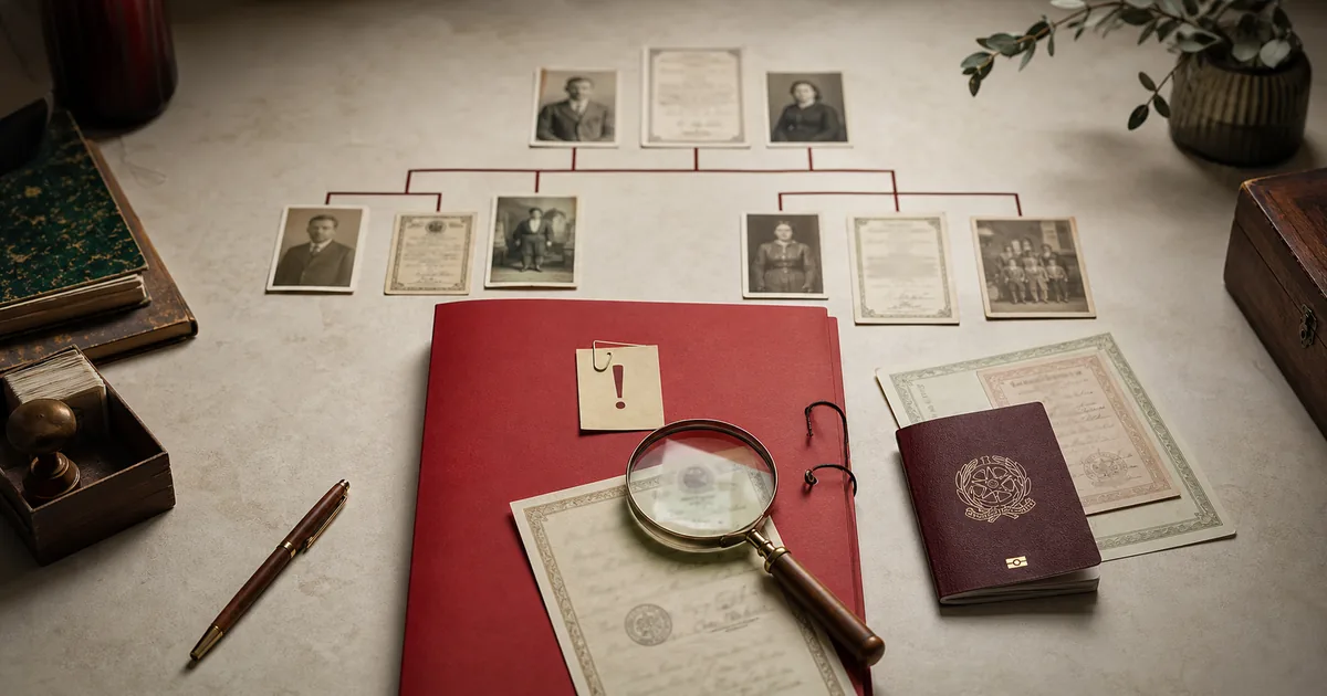 Árvore genealógica e documentos com alerta de inconsistência