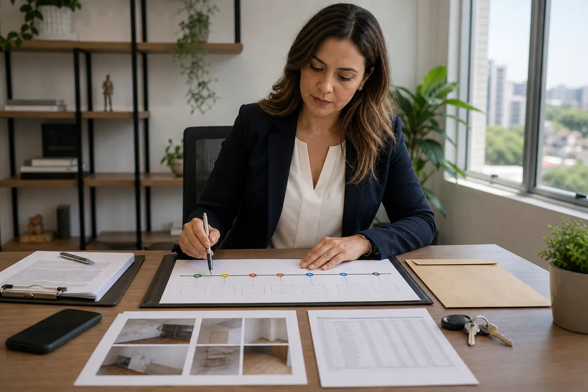 Advogada organiza contrato, mensagens, pagamentos e fotos do imóvel em uma linha do tempo