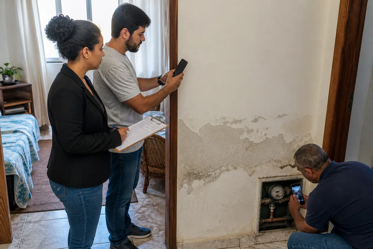 Locatário, administradora e técnico registram infiltração e medidor no imóvel