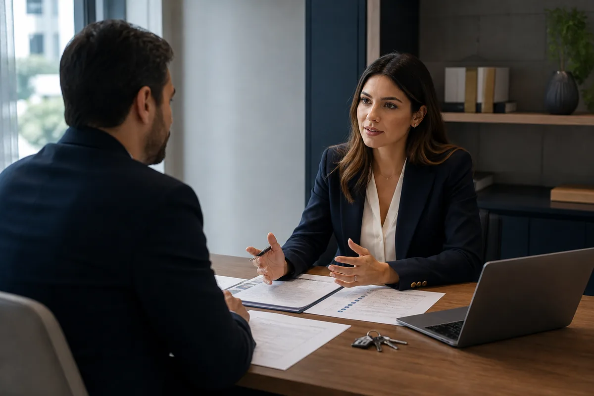 Advogada orienta cliente em consulta jurídica sobre leilão de imóvel
