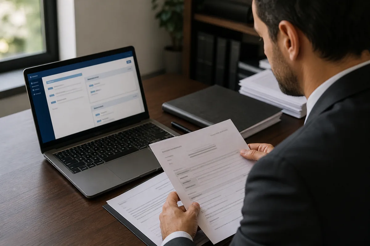 Profissional consulta portal judicial e documentos de empresa em recuperação