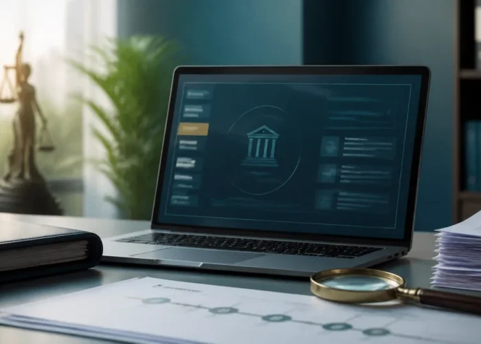 Notebook com portal processual, documentos e lupa para consulta de recuperação