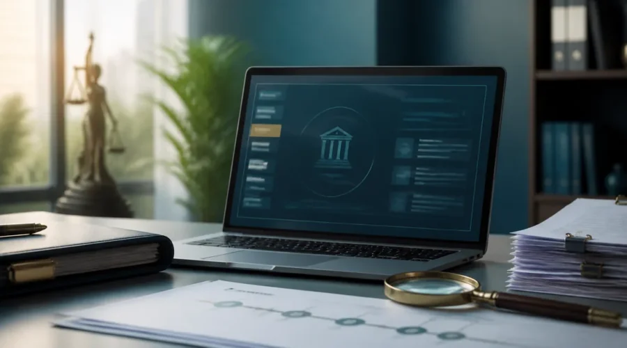 Notebook com portal processual, documentos e lupa para consulta de recuperação