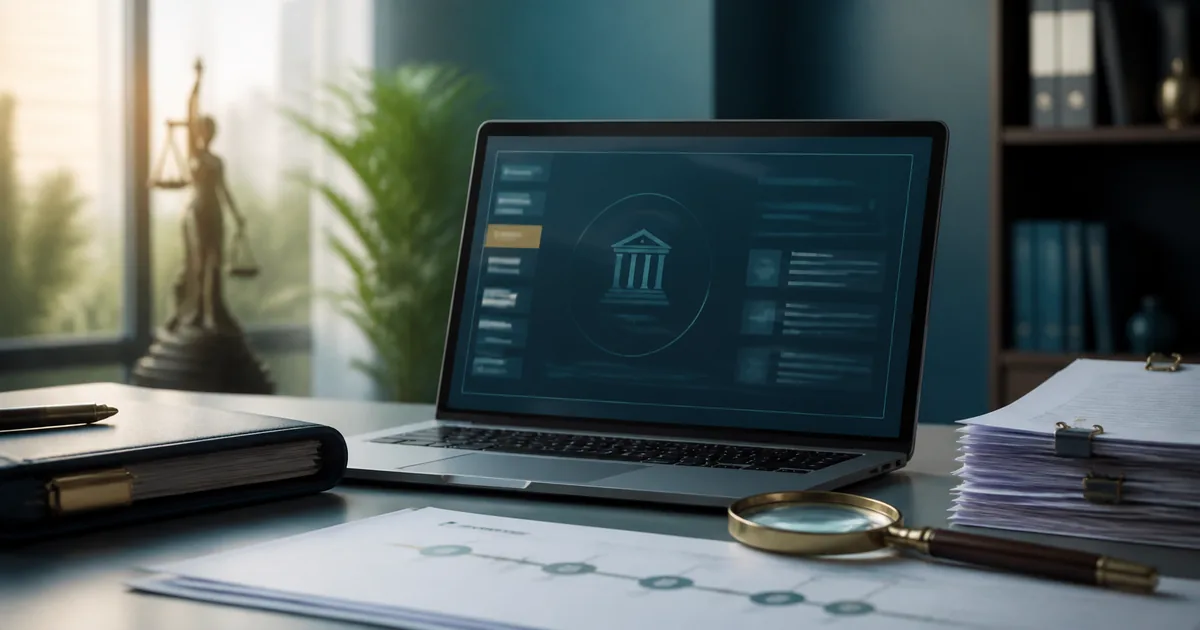Notebook com portal processual, documentos e lupa para consulta de recuperação