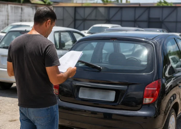 Proprietário conferindo documentos de veículo apreendido no pátio