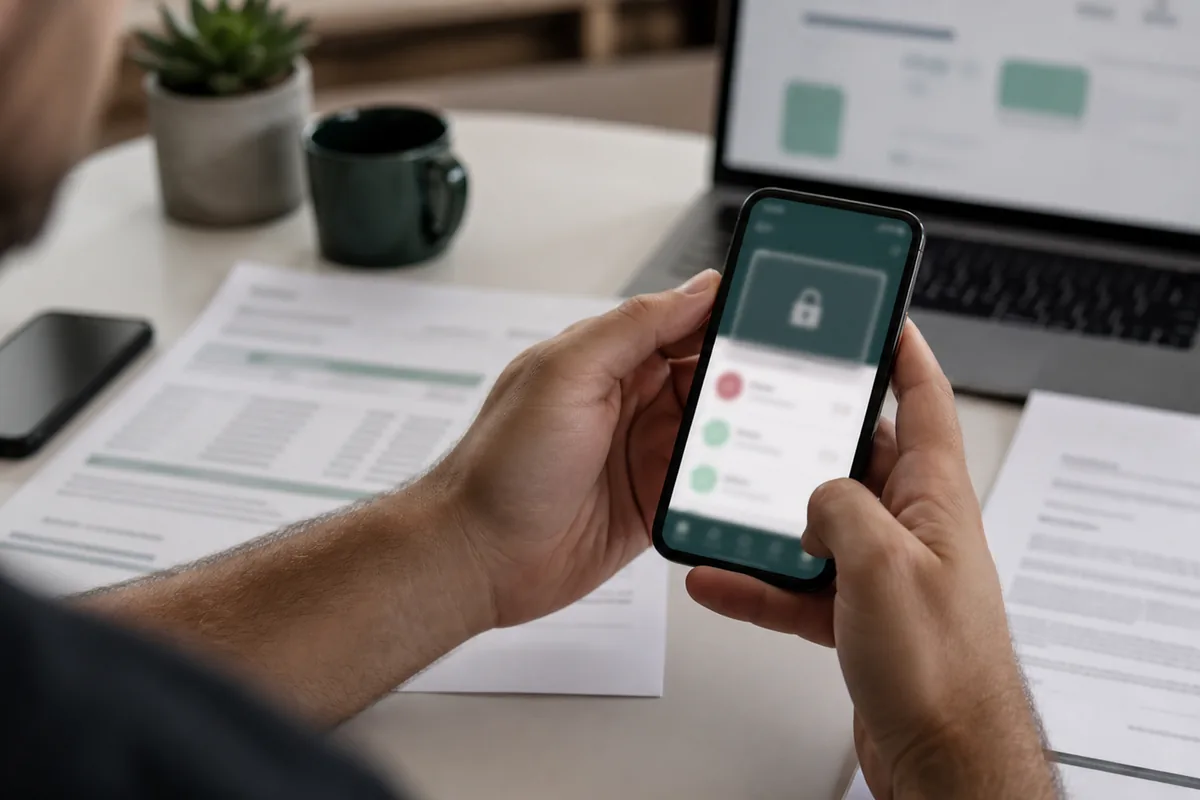 Pessoa verifica conta bancária bloqueada no celular