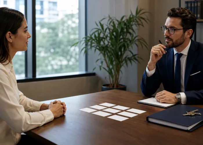 Cliente entrevista advogado para despejo com perguntas organizadas sobre a mesa