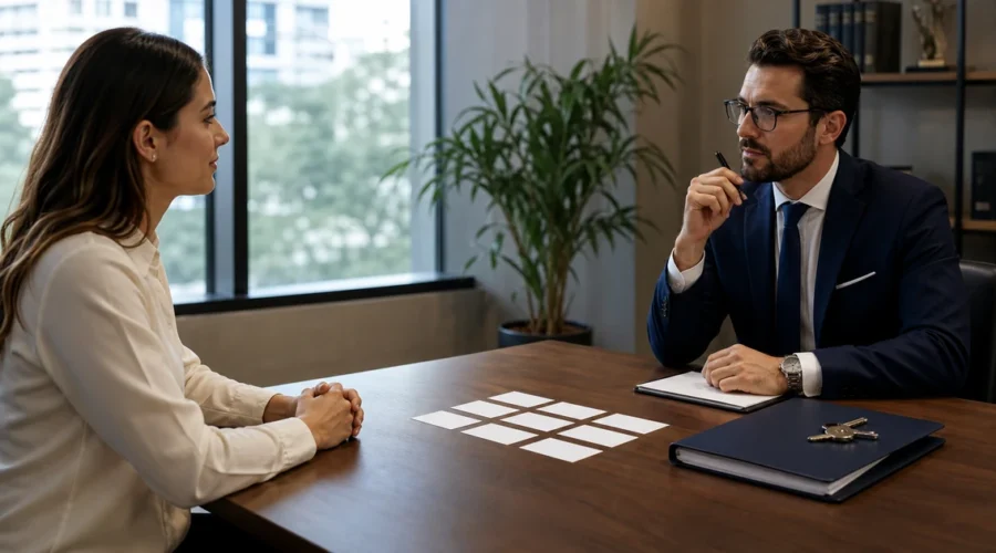 Cliente entrevista advogado para despejo com perguntas organizadas sobre a mesa