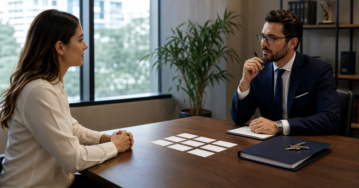 Cliente entrevista advogado para despejo com perguntas organizadas sobre a mesa