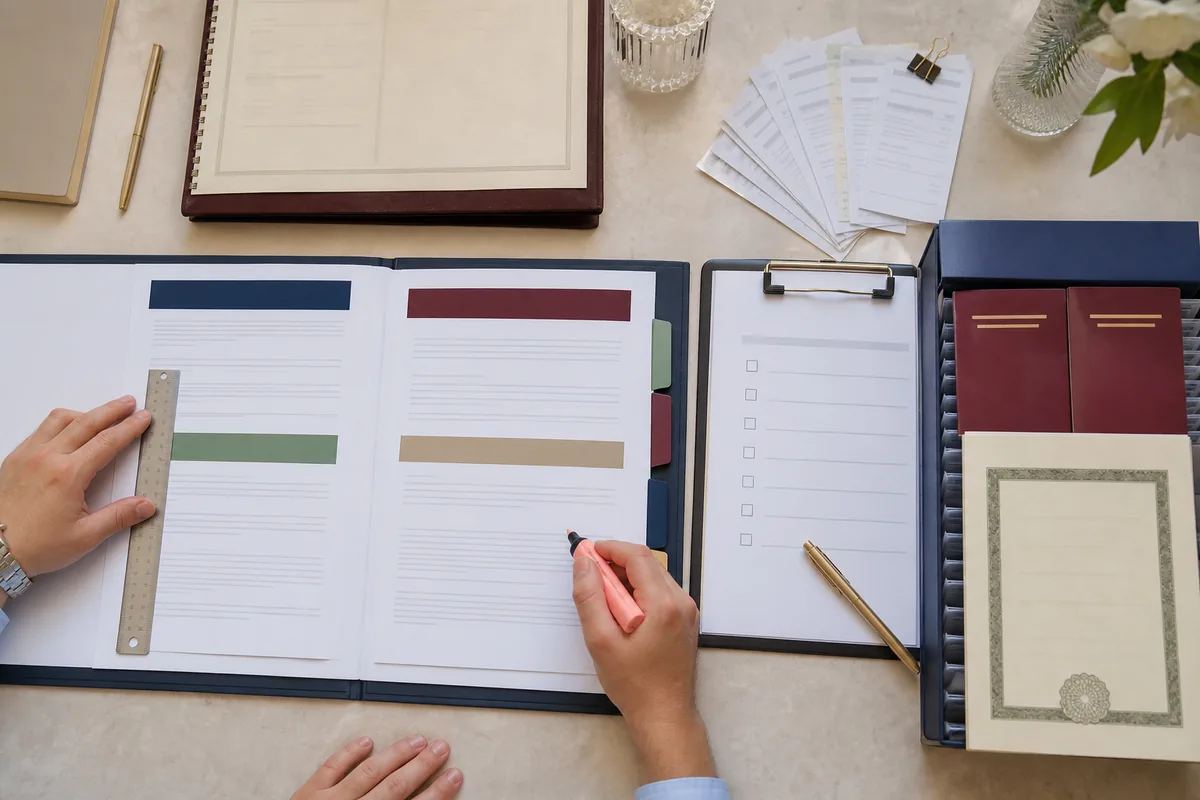 Contrato dividido por cláusulas, checklist e documentos