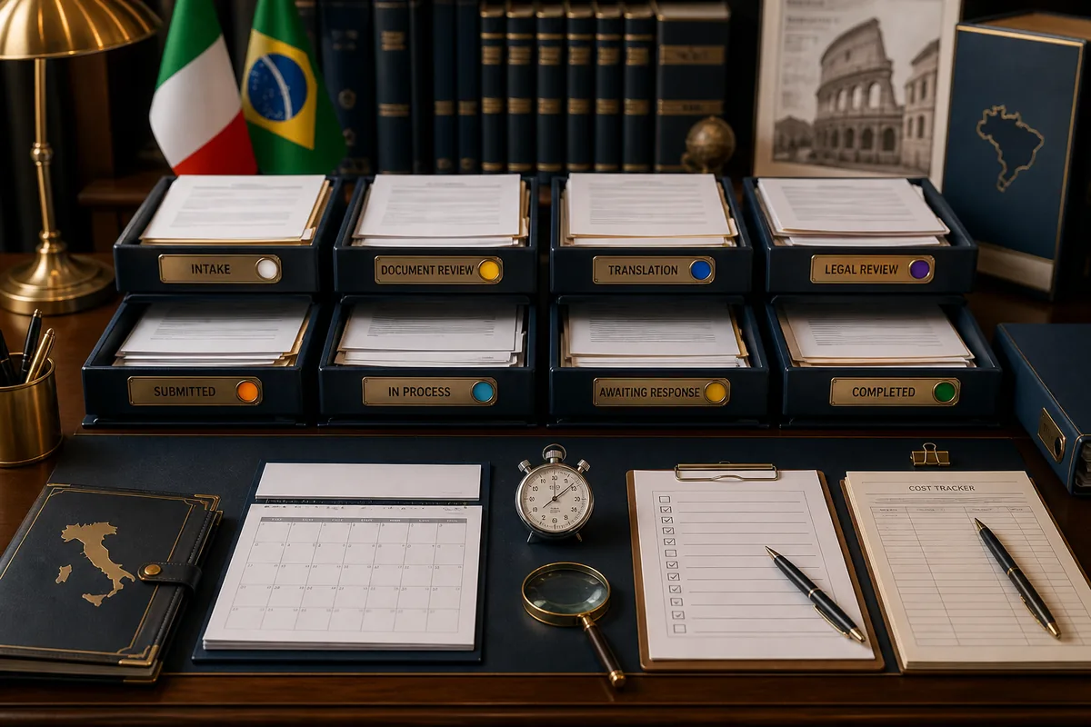 Oito bandejas de controle de documentos e etapas do caso