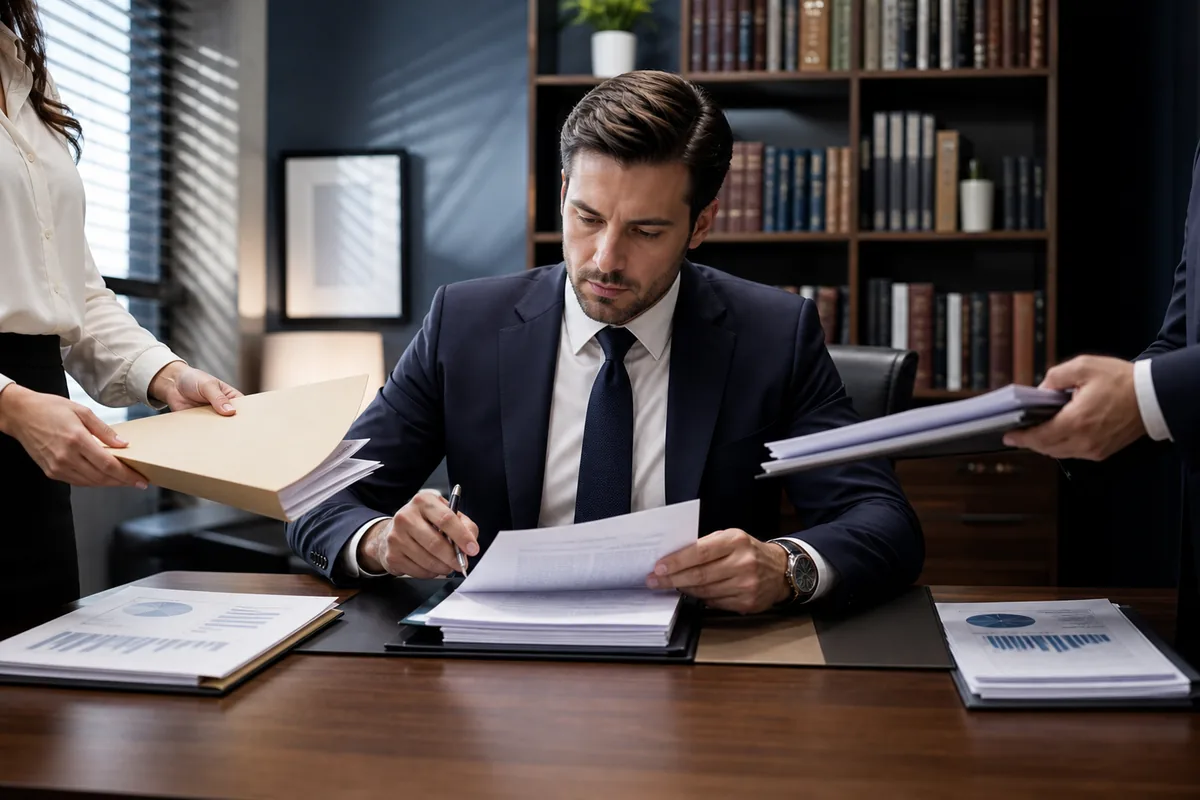 Advogado coordena documentos do cliente e da contabilidade