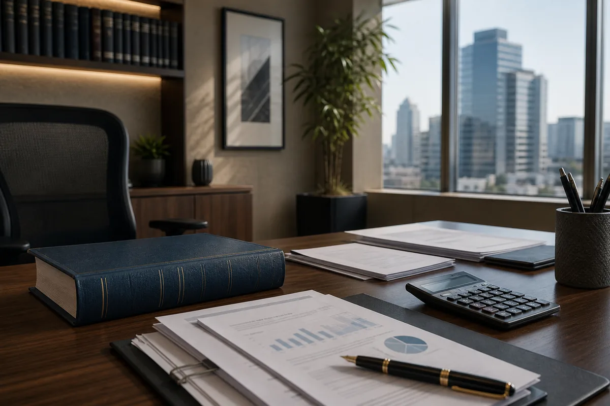 Mesa de trabalho com documentos fiscais e calculadora para estimar honorários tributários