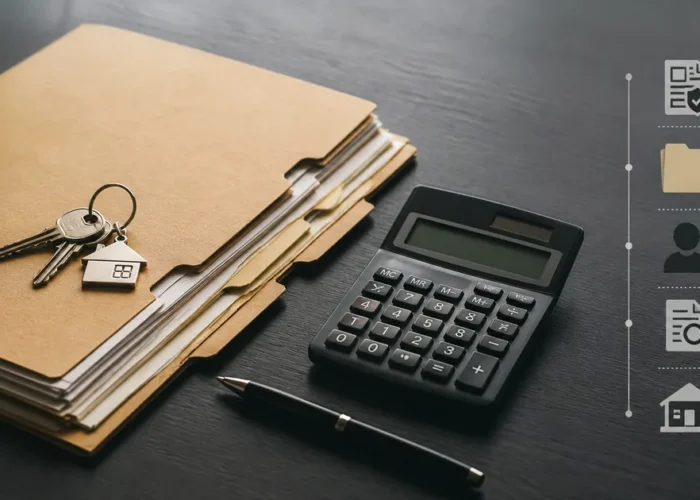 Documentos, chaves e calculadora representam o custo de inventário