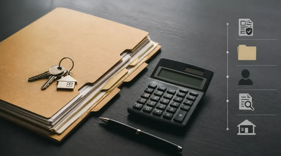 Documentos, chaves e calculadora representam o custo de inventário