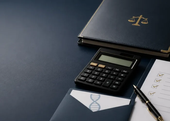 Preview com calculadora, pasta jurídica e exame de DNA