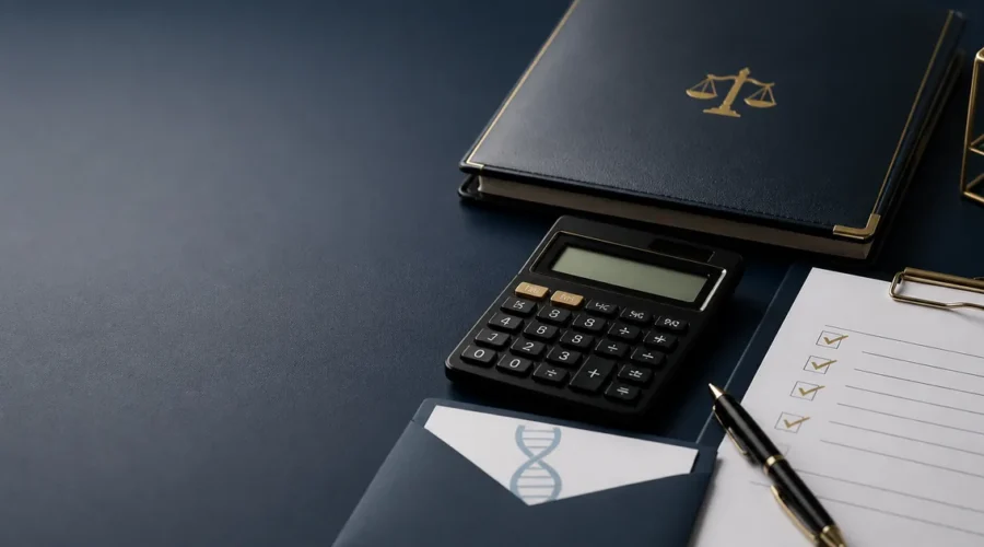 Preview com calculadora, pasta jurídica e exame de DNA