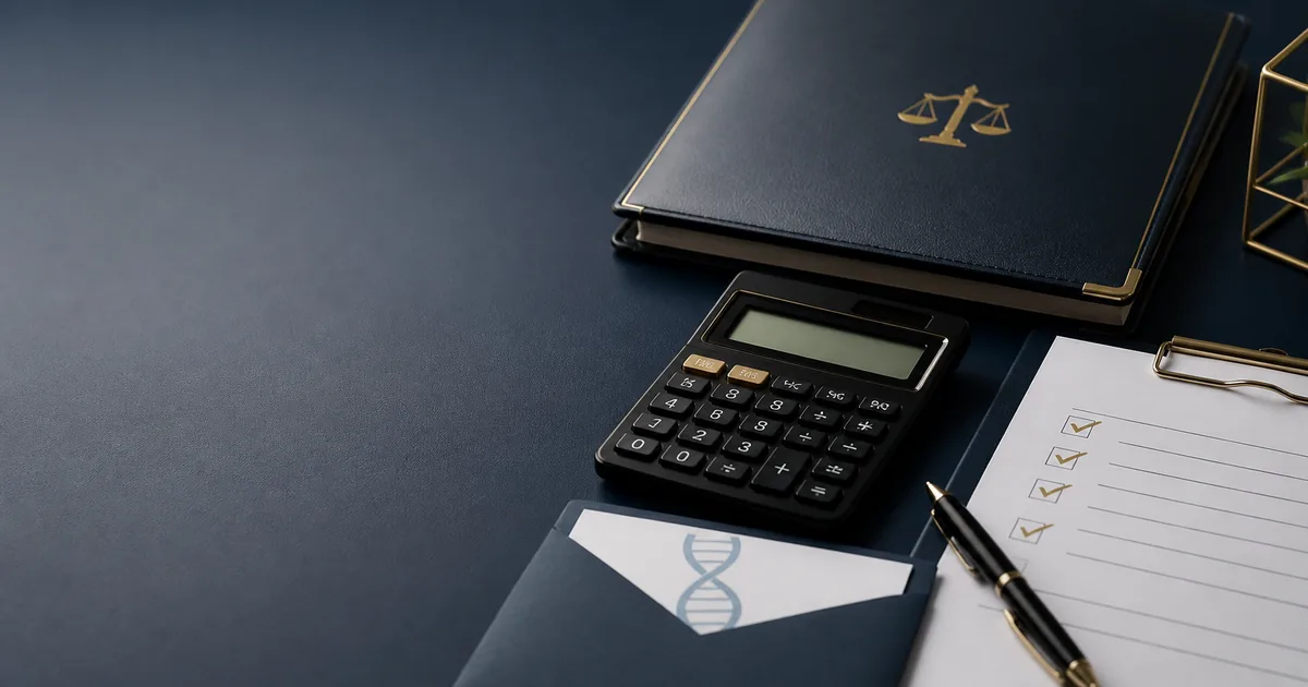 Preview com calculadora, pasta jurídica e exame de DNA