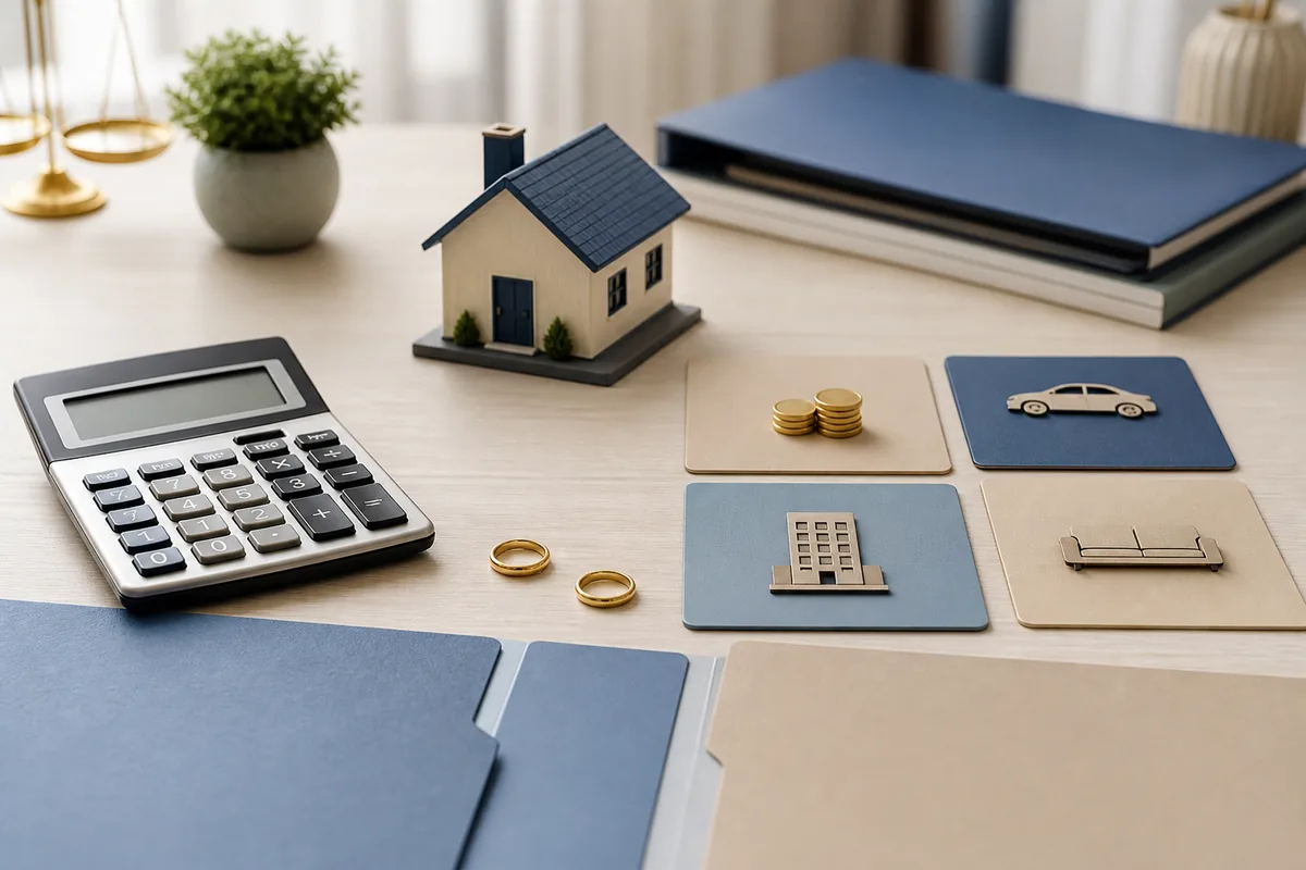Calculadora, alianças, imóvel e categorias de bens usados para estimar custos do divórcio