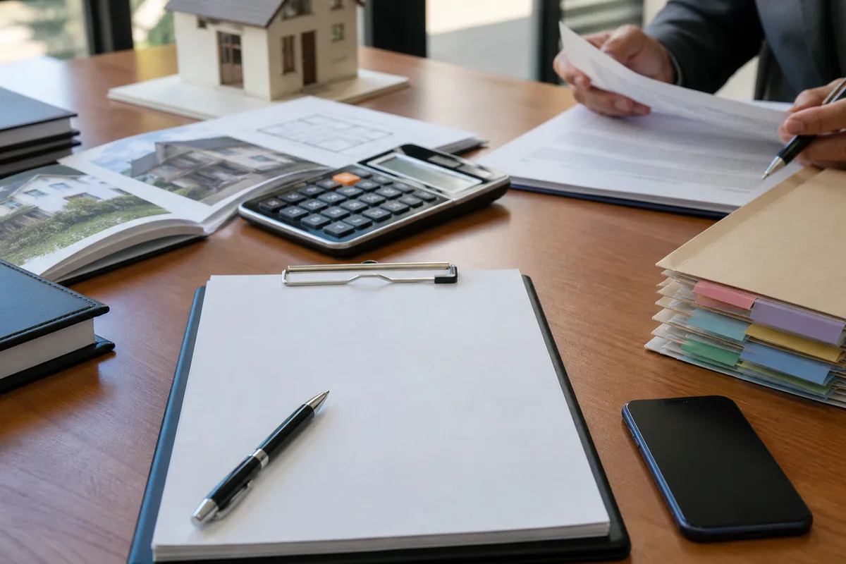 Documentos de inventário organizados com calculadora e proposta em branco