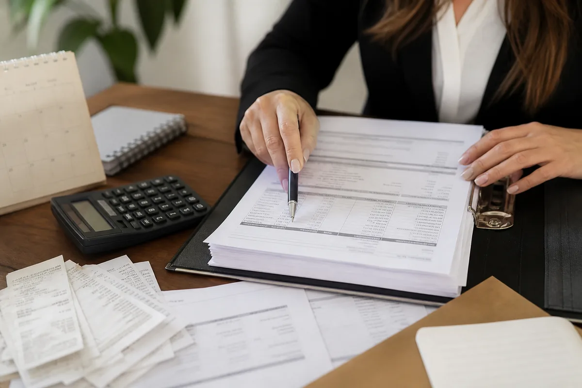 Documentos e calculadora usados para organizar custos do processo