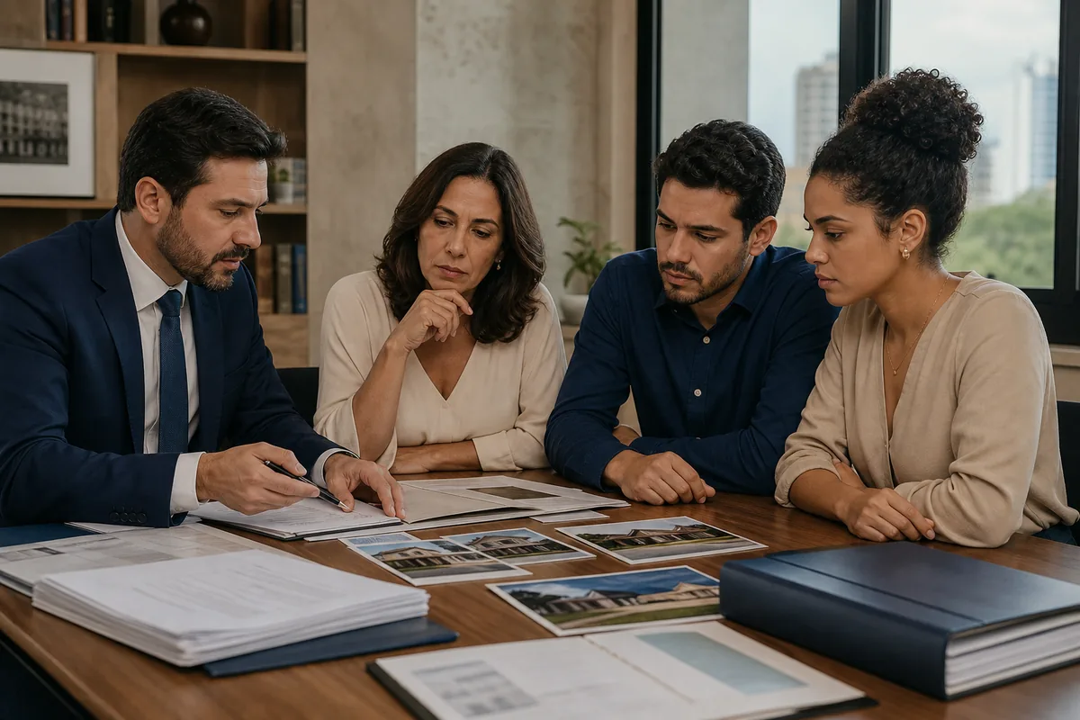 Advogado e herdeiros avaliam imóveis e documentos antes de decidir a partilha