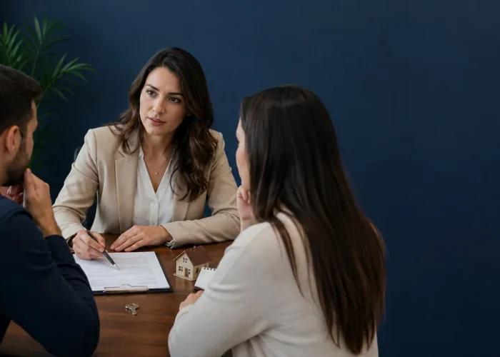Advogada orienta duas partes sobre interesses distintos em um leilão imobiliário