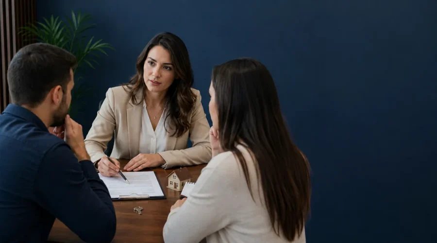 Advogada orienta duas partes sobre interesses distintos em um leilão imobiliário