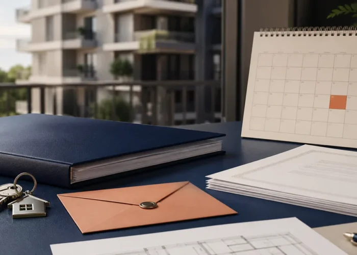 Chaves, envelope, calendário e documentos representam providências após leilão do imóvel