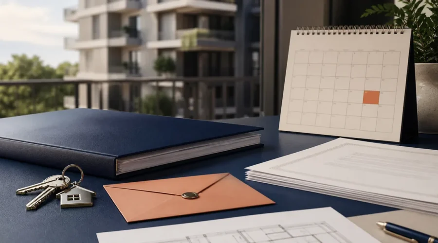 Chaves, envelope, calendário e documentos representam providências após leilão do imóvel