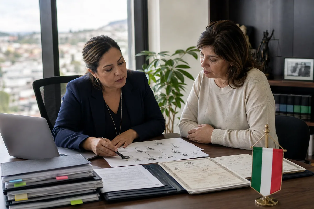 Advogada analisando árvore familiar e certidões para cidadania italiana