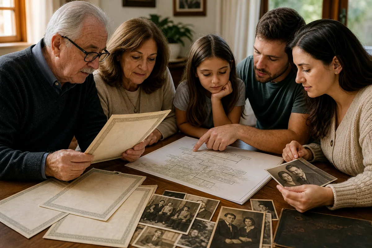 Família conferindo gerações e documentos da cidadania italiana por descendência