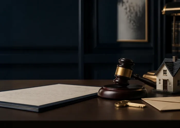Contrato de locação, imóvel, chave e martelo judicial em análise de ação de despejo