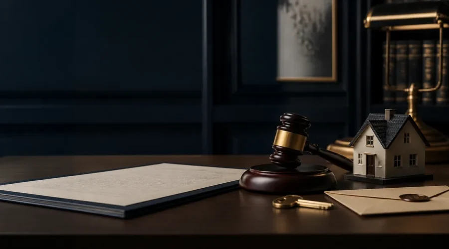 Contrato de locação, imóvel, chave e martelo judicial em análise de ação de despejo