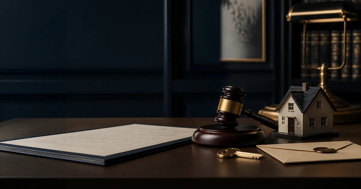 Contrato de locação, imóvel, chave e martelo judicial em análise de ação de despejo