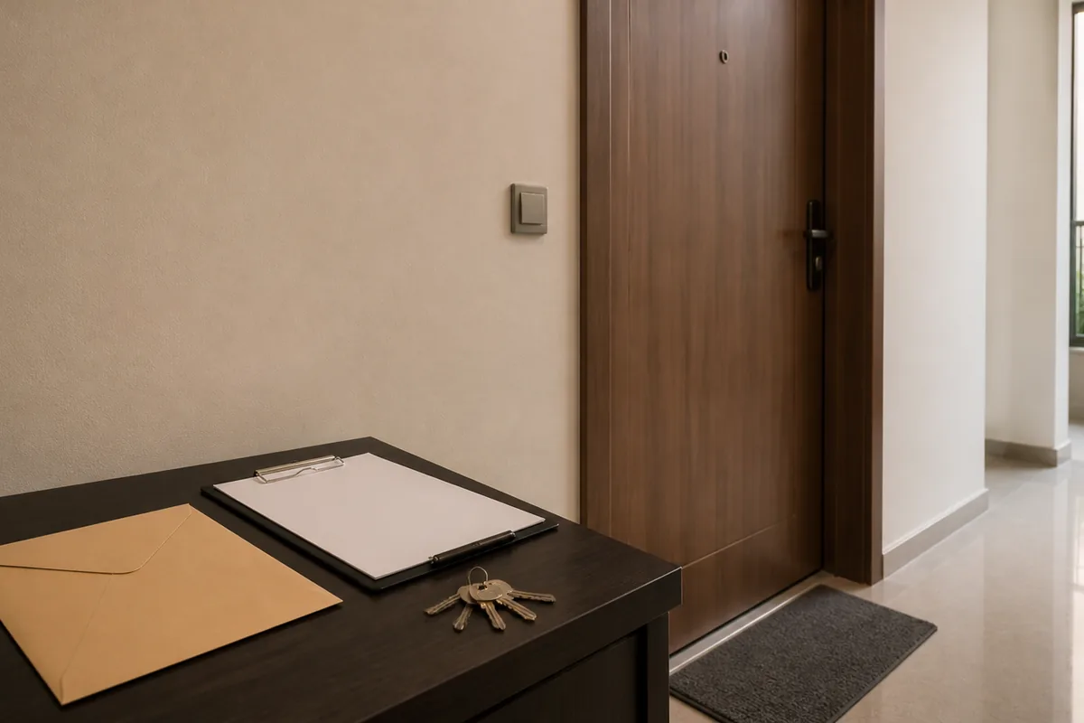 Porta de imóvel com documentos para cumprimento organizado de mandado
