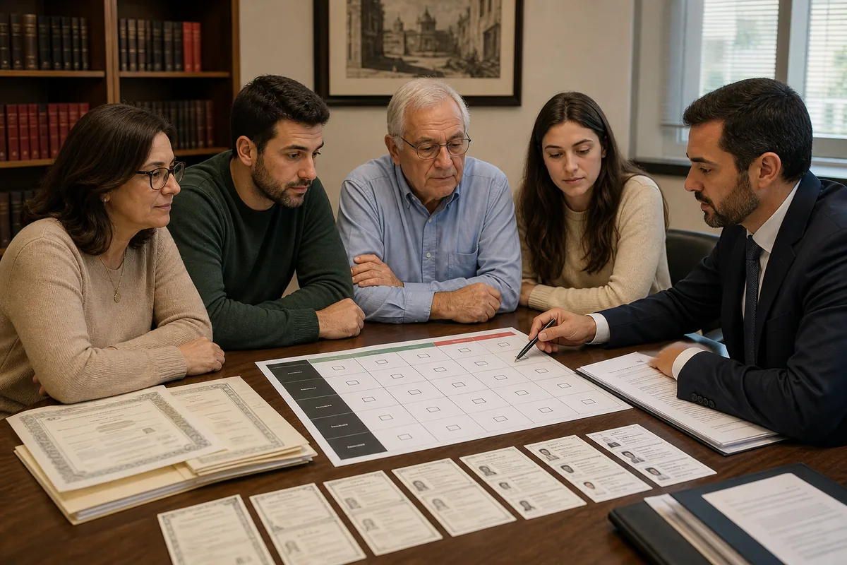 Família e advogado avaliando doze fatos da cidadania italiana