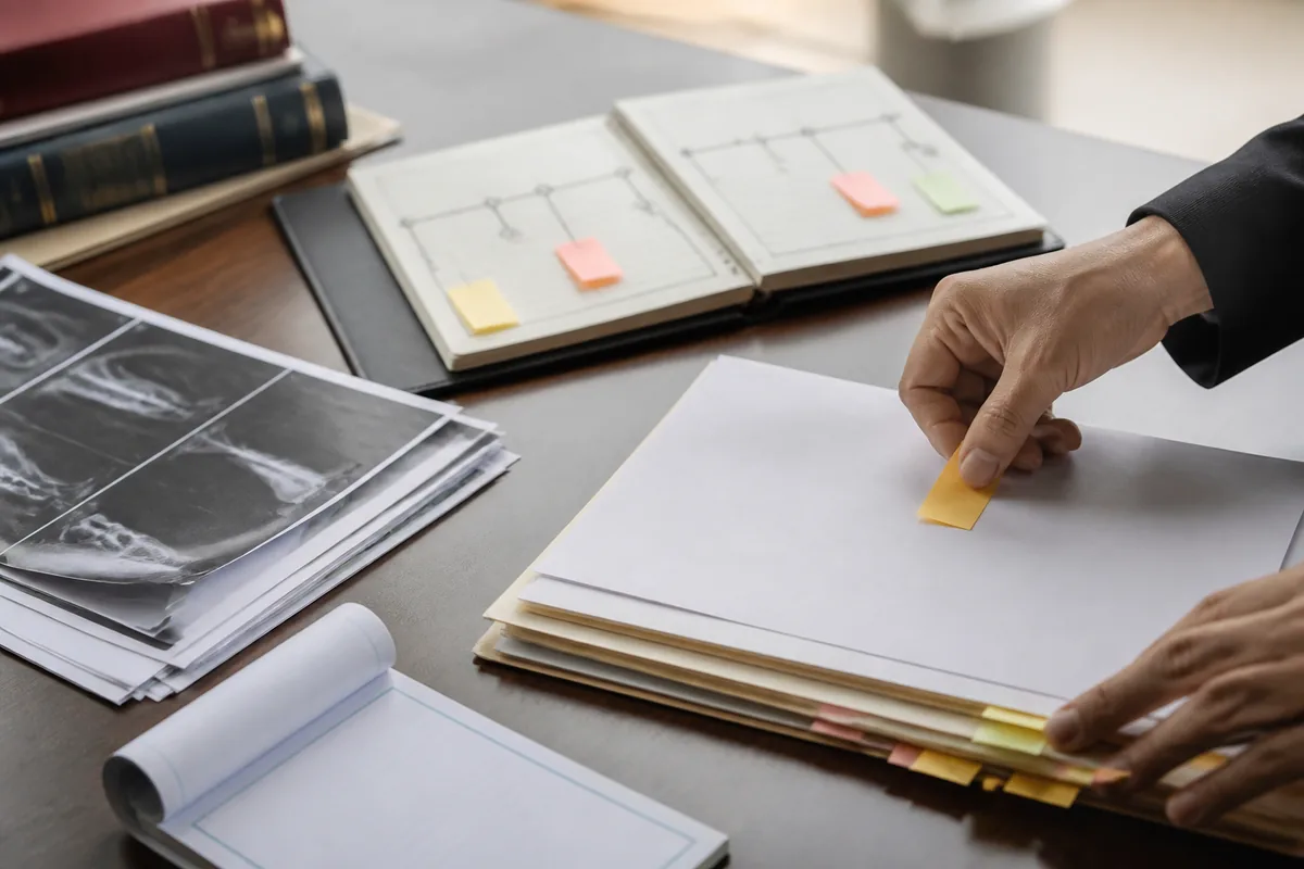 Documentos e exames organizados para avaliar falha de diagnóstico