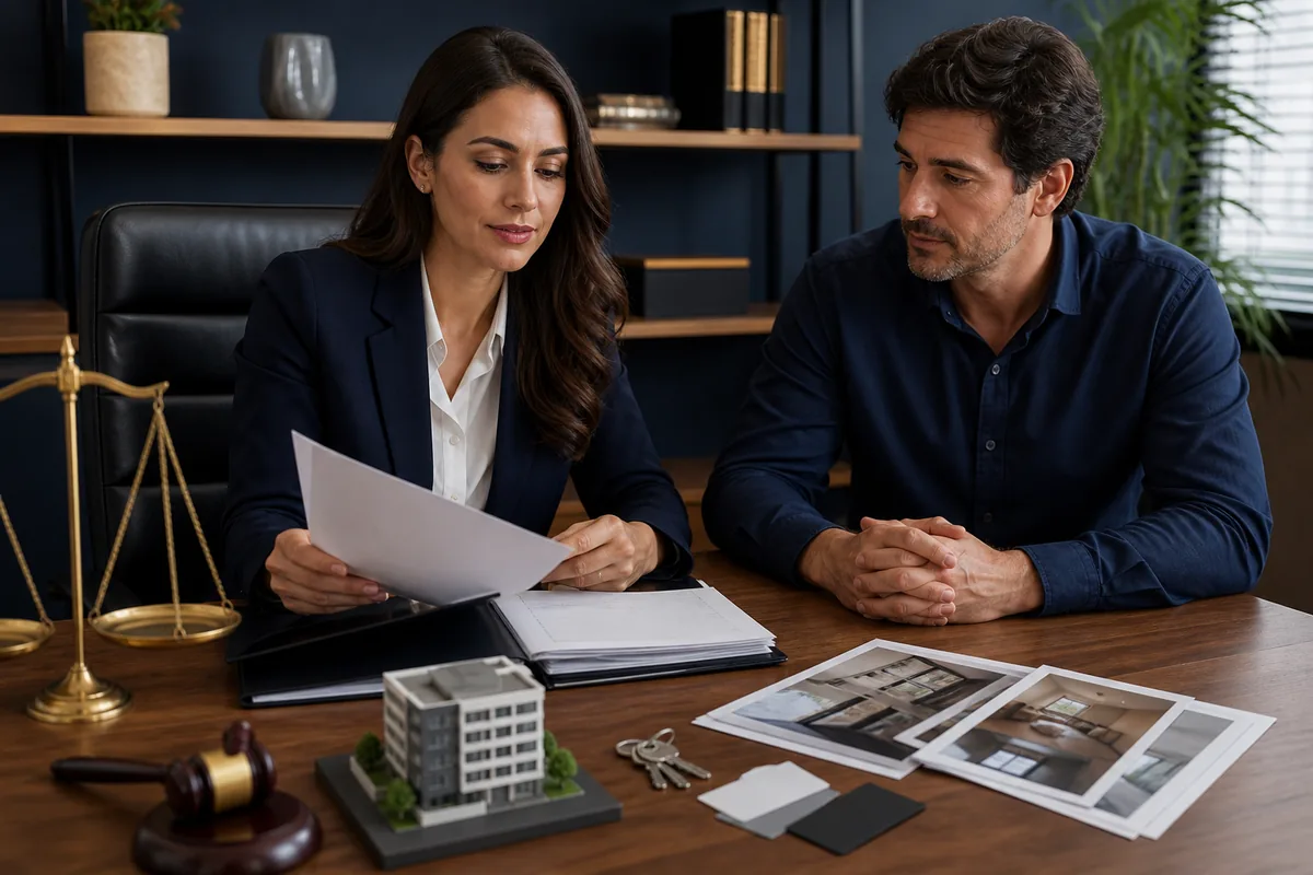 Advogada e locador revisam contrato, vistoria e documentos de imóvel