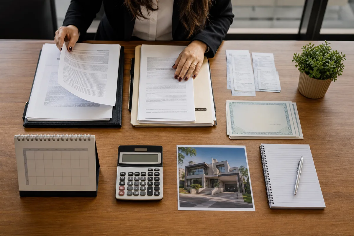 Documentos, calendário e cálculo preparados para consulta sobre leilão imobiliário