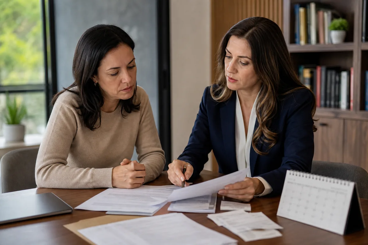 Proprietária e advogada analisam contrato e comprovantes de locação
