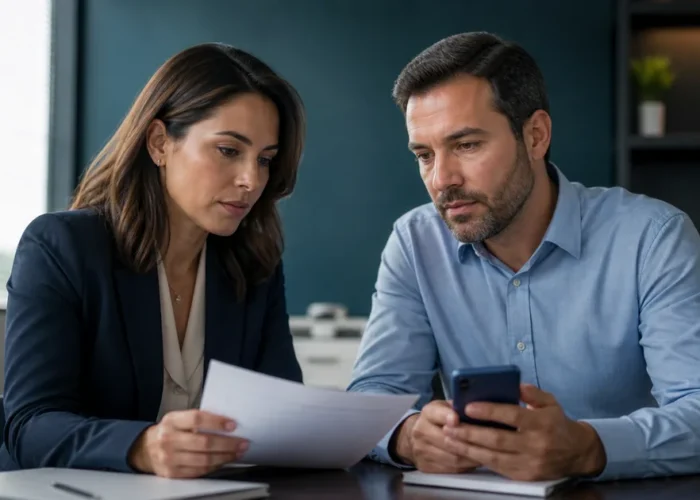 Cliente analisa documentos com advogada antes da contratação