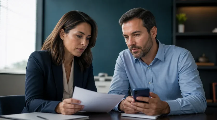 Cliente analisa documentos com advogada antes da contratação
