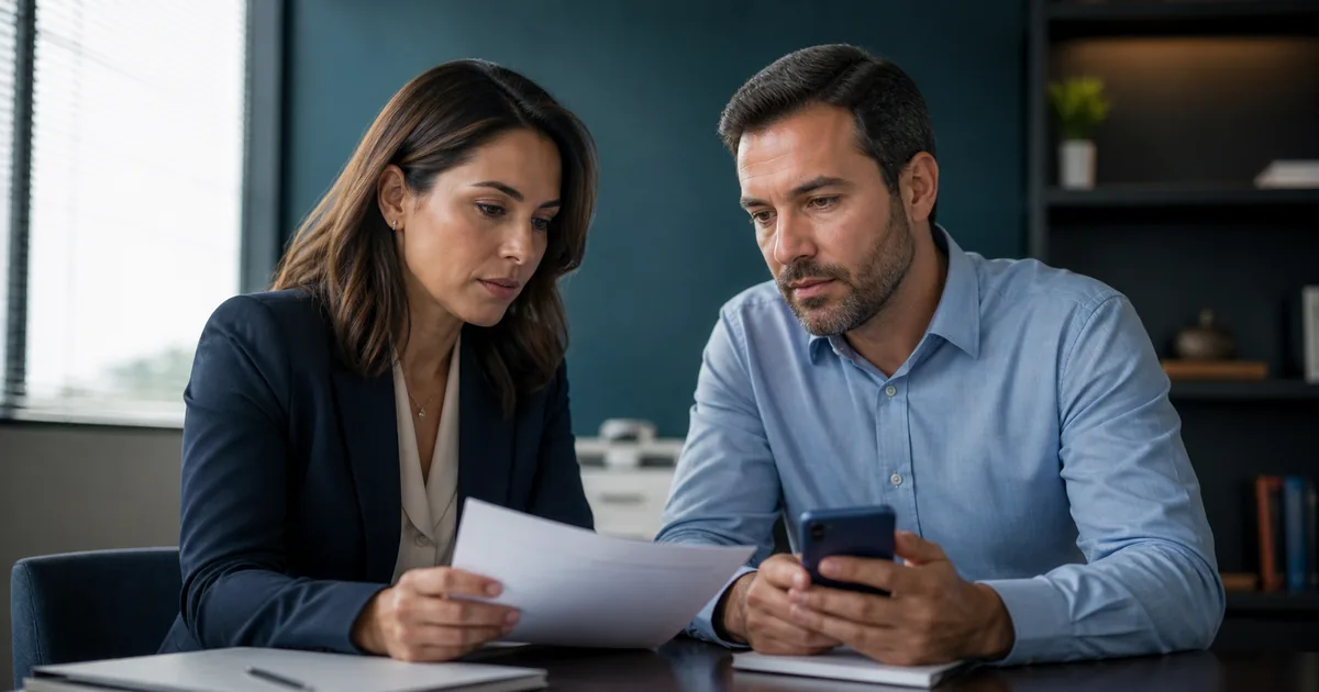 Cliente analisa documentos com advogada antes da contratação