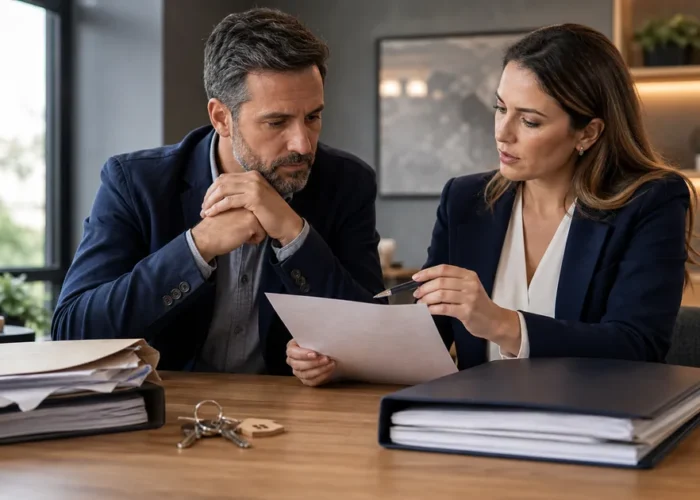 Cliente e advogada conferem proposta e documentos de imóvel